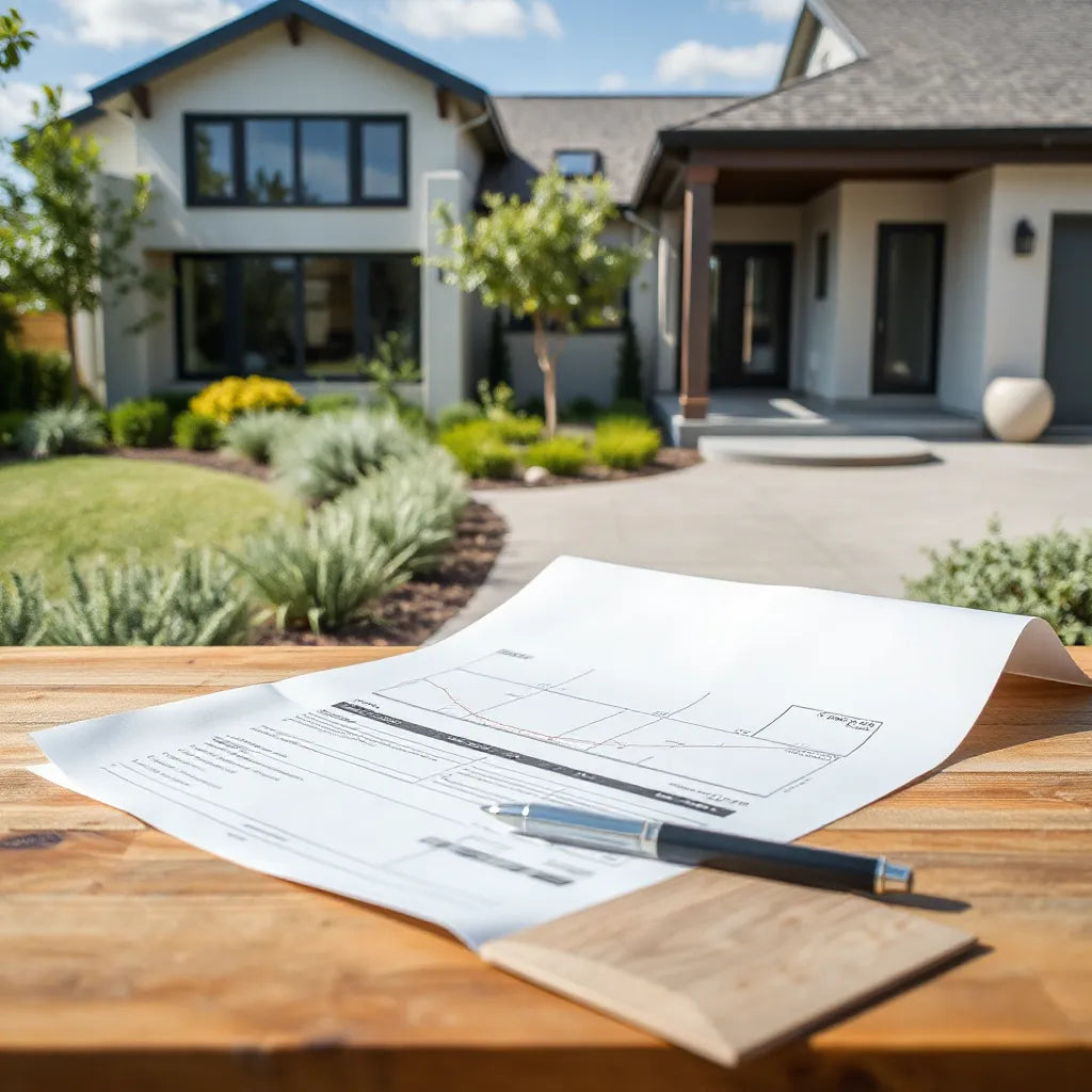Modern house exterior with open blueprints and a small architectural model on a wooden table