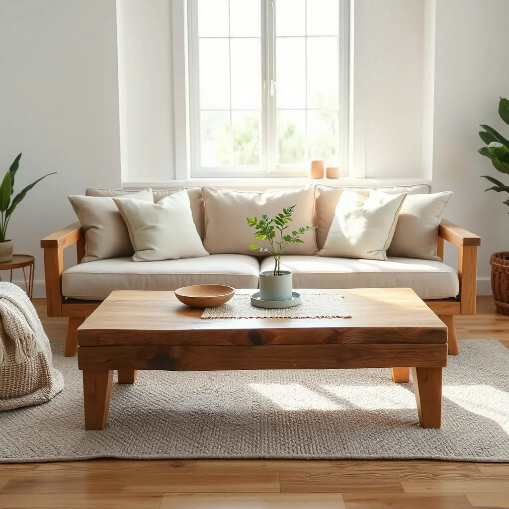 Eco-friendly wooden living room with a reclaimed wood sofa, coffee table, and natural decor