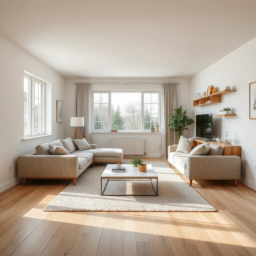 Bright living room layout with modular seating, storage console, and clear walking space