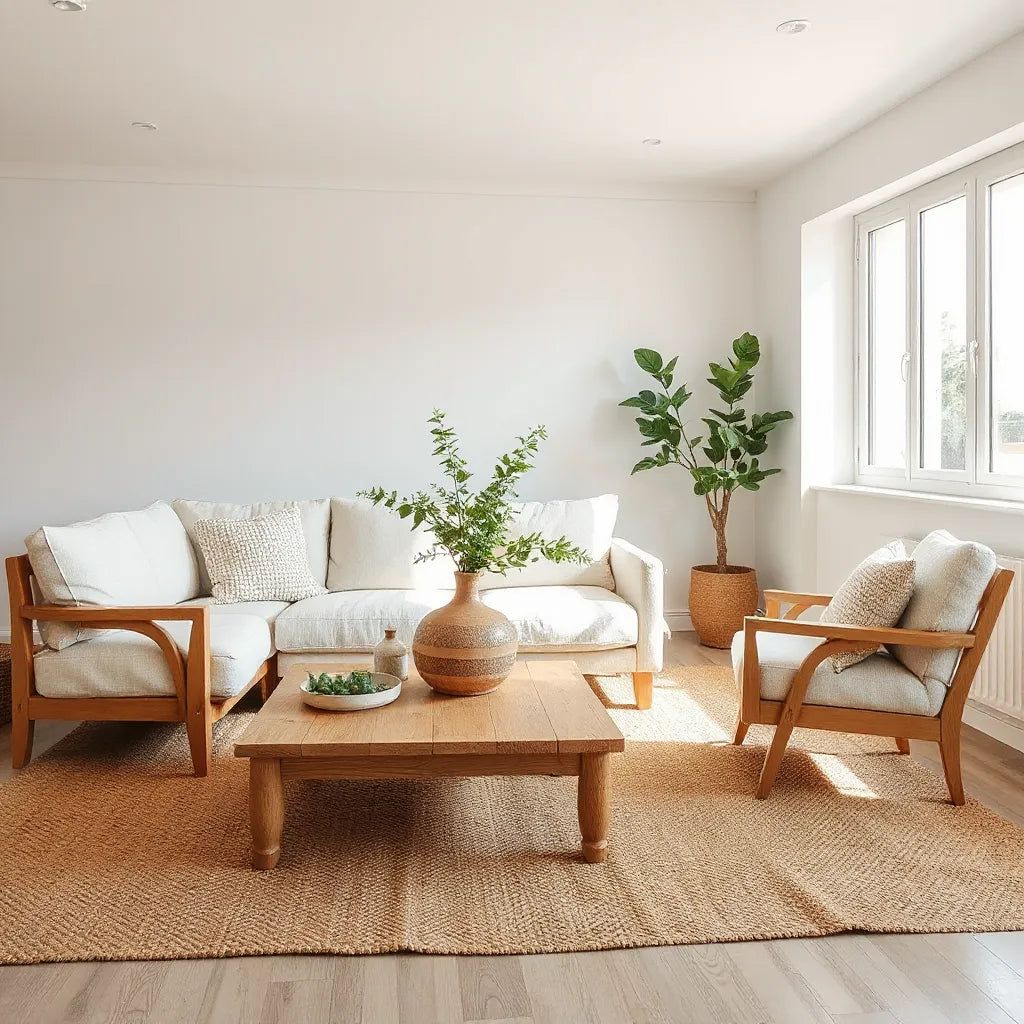 Minimal living room styled with light wood and natural-fiber sustainable furnishings