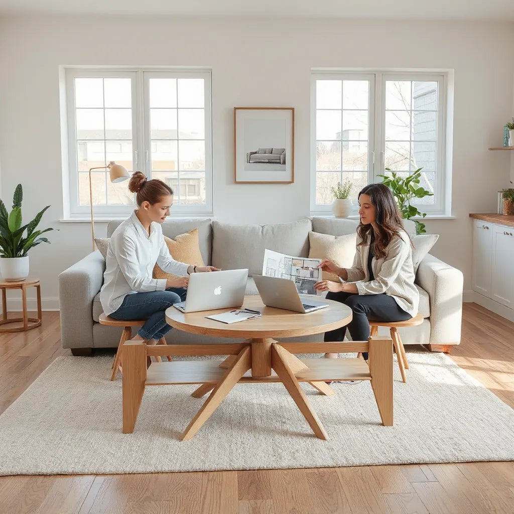 Designer and client reviewing a living room layout and fabric swatches at a coffee table