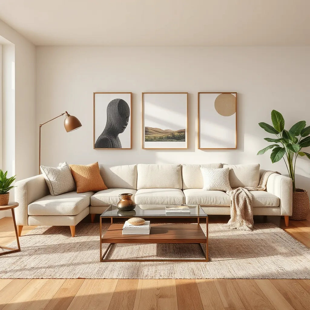Bright living room with coordinated designer furniture, layered textiles, warm lighting, and curated decor