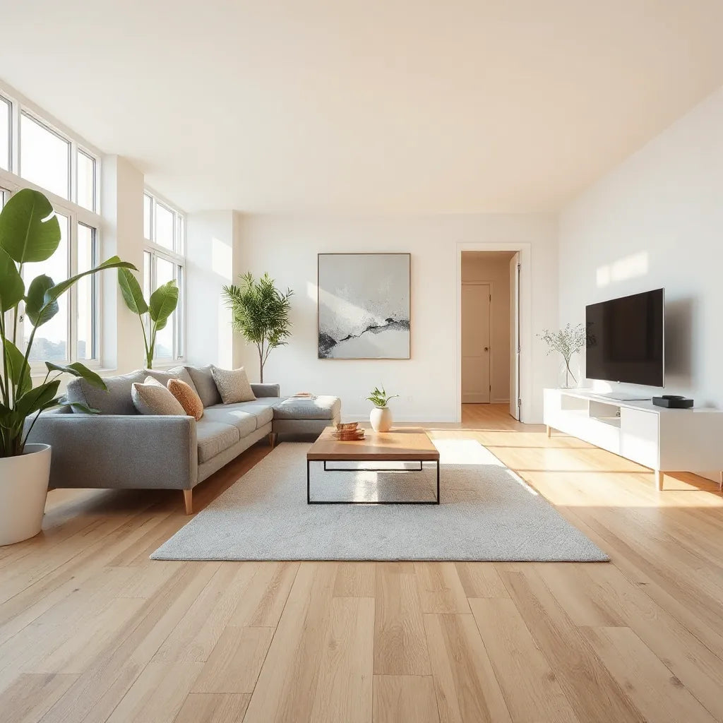 Bright modern living room with low-profile sofa, sleek table, large artwork, and natural light