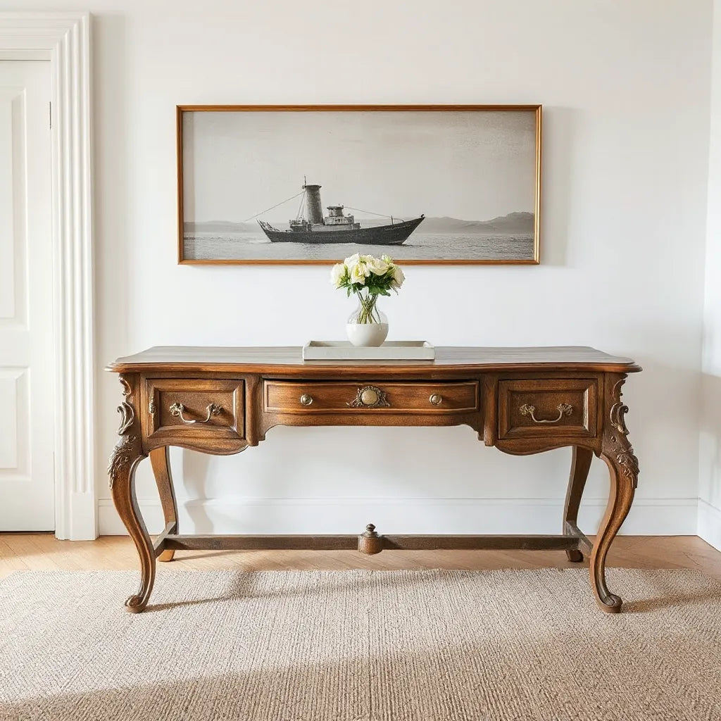 Luxury vintage console table styled with a vase, ceramic tray, and warm lighting in a bright entryway