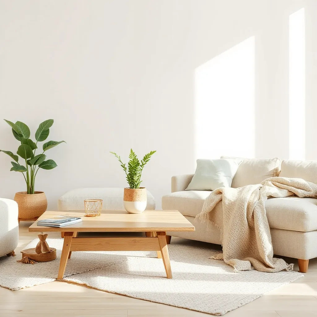 Modern living room corner with natural wood, linen textiles, and a potted plant
