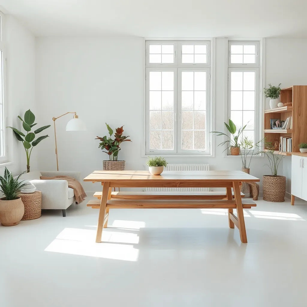 Bright minimalist living room with natural wood furniture, indoor plants, and sustainable materials