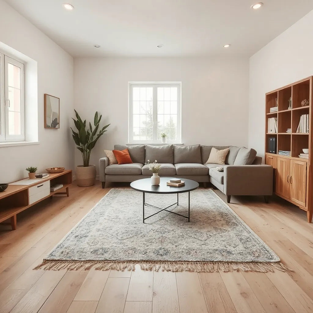 Uncluttered living room layout with modular seating, concealed storage, and clear walkways for everyday flow