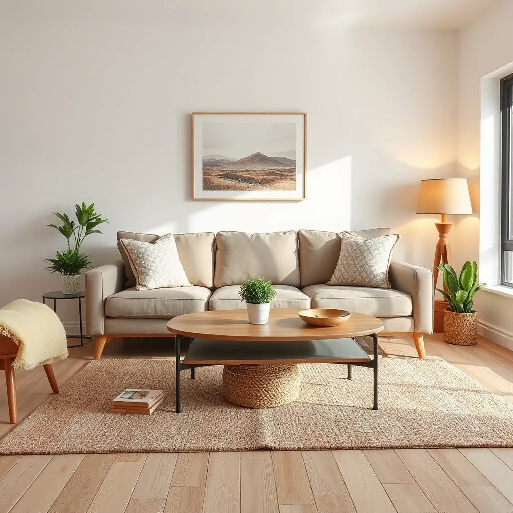 Bright living room with coordinated décor elements like rug, lamp, wall art, and plants