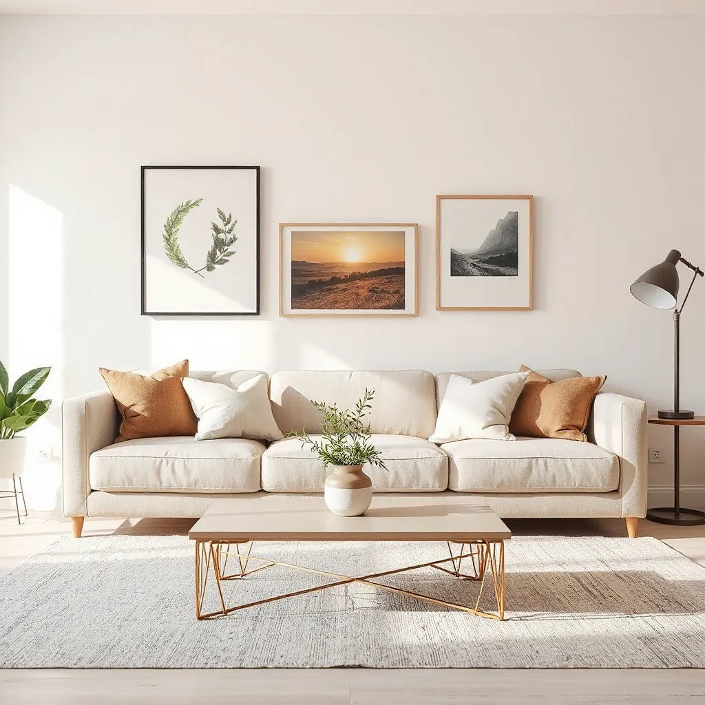 Cozy living room styled with affordable-looking modern decor and warm natural light