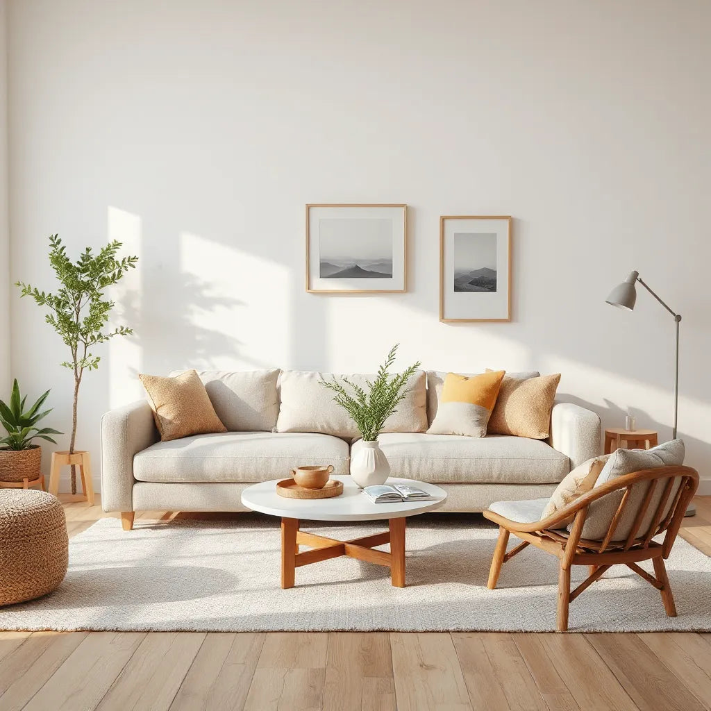 Calm modern living room with minimalist furniture, warm lighting, natural wood, and soft textiles