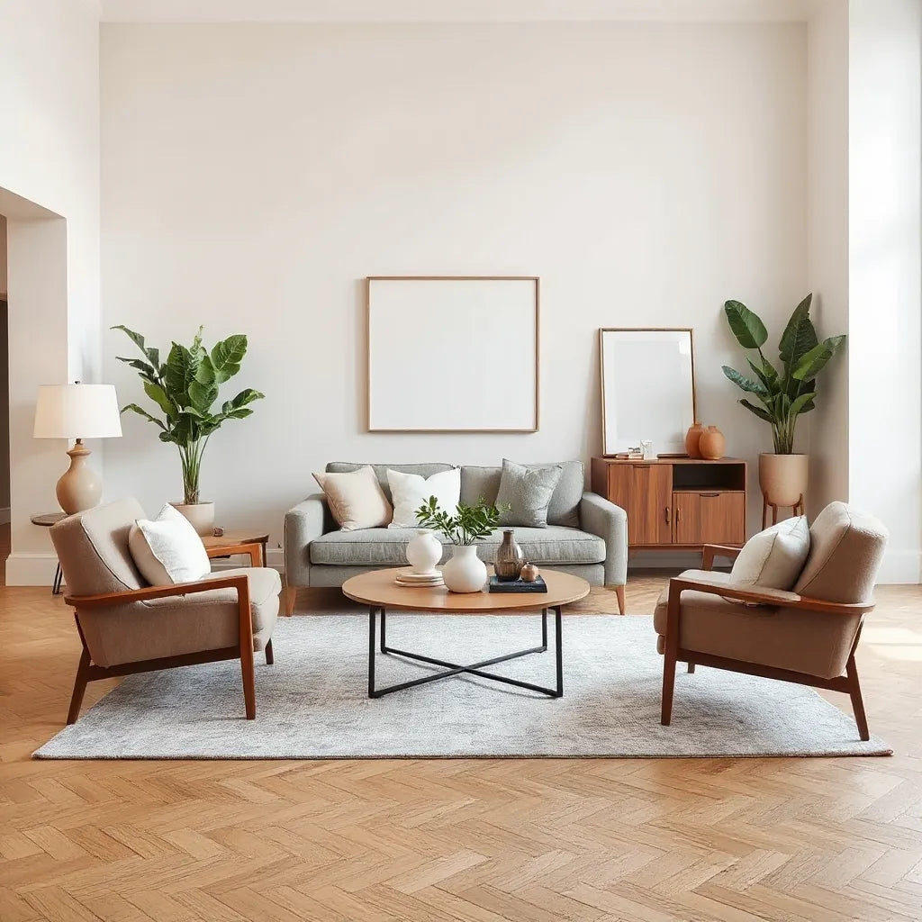 Modern living room featuring a coordinated designer sofa, chairs, and coffee table