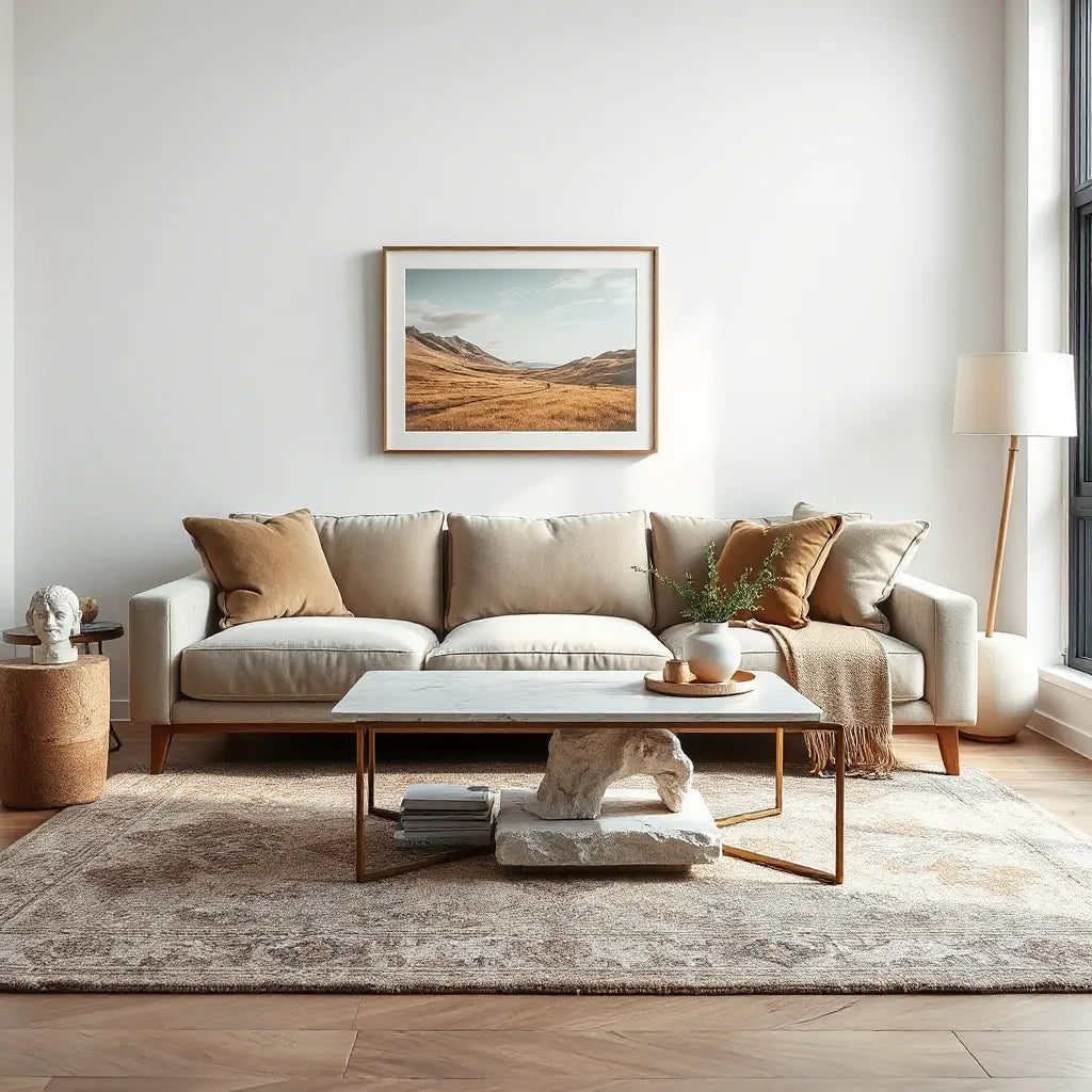 Elegant living room featuring a velvet sofa, marble coffee table, sculptural lamp, and layered neutral rugs