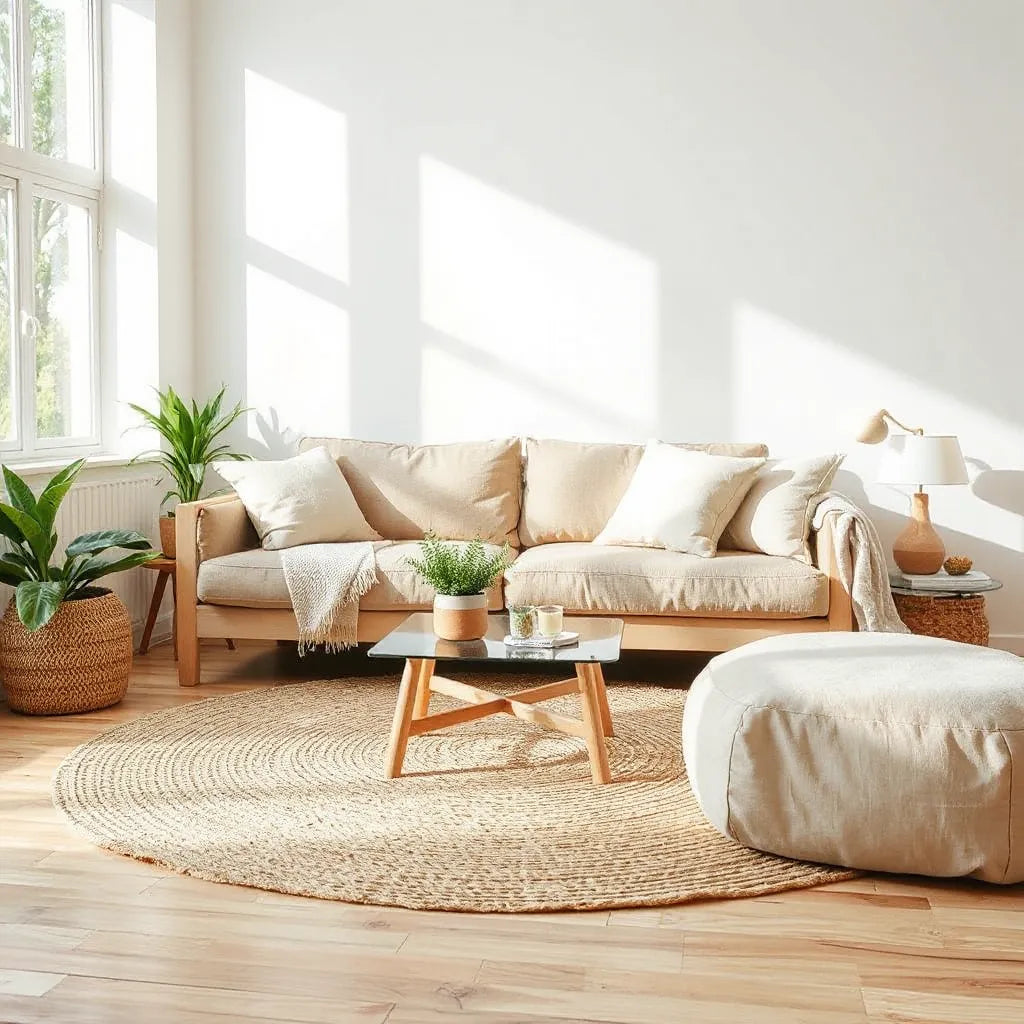 Bright living room featuring natural wood furniture, linen cushions, a jute rug, and indoor plants