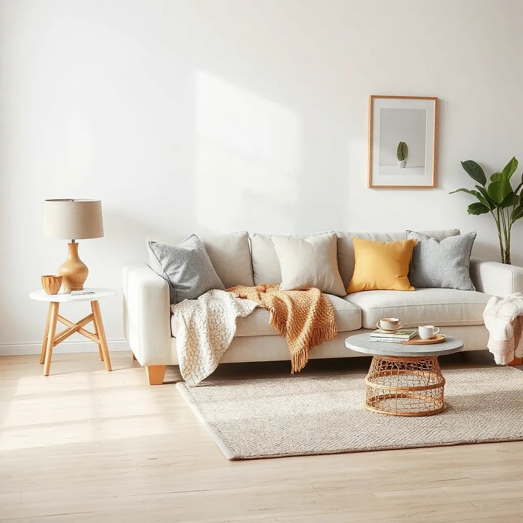 Bright living room with coordinated sofa, side table, lamp, rug, and tasteful decor accents
