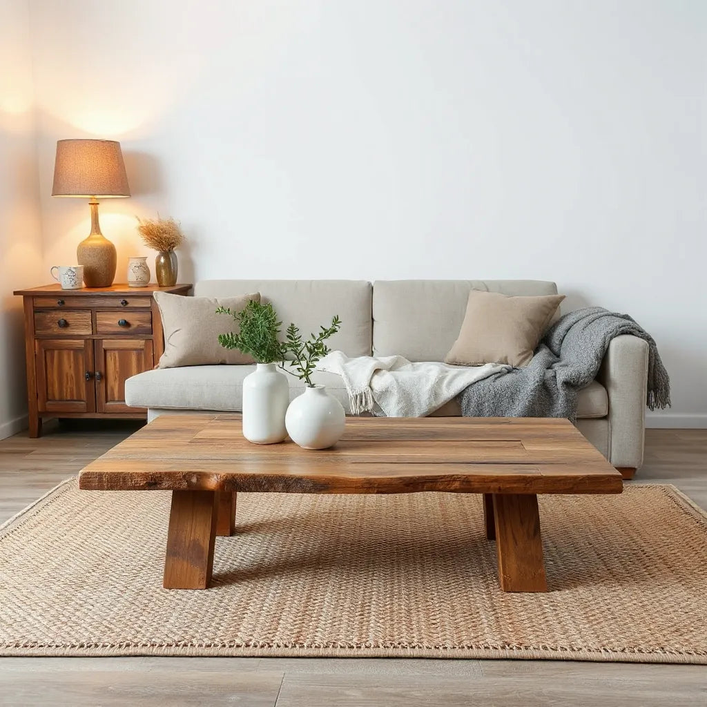 Cozy living room with reclaimed wood furniture, woven textures, and warm natural decor accents
