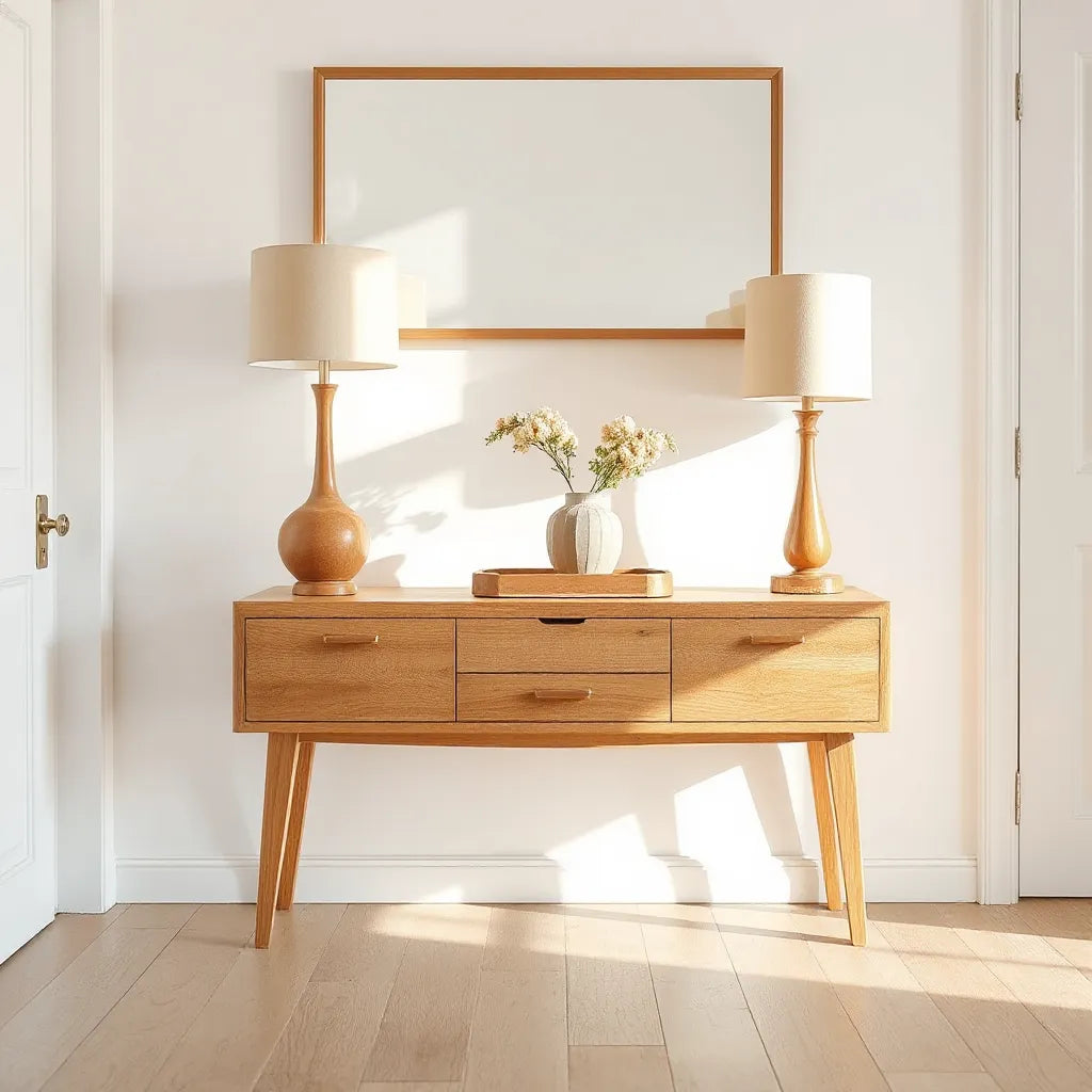 Natural wood console table styled in a bright entryway with lamp, tray, and vase