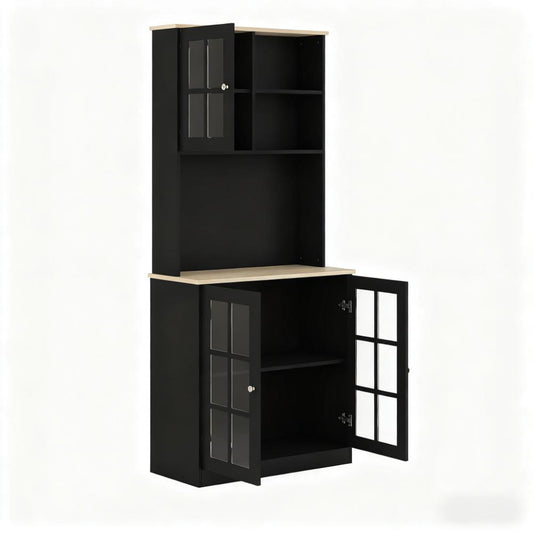 Anthony & Home Signature freestanding pantry cabinet with glass doors, showcasing interior shelving and elegant design.