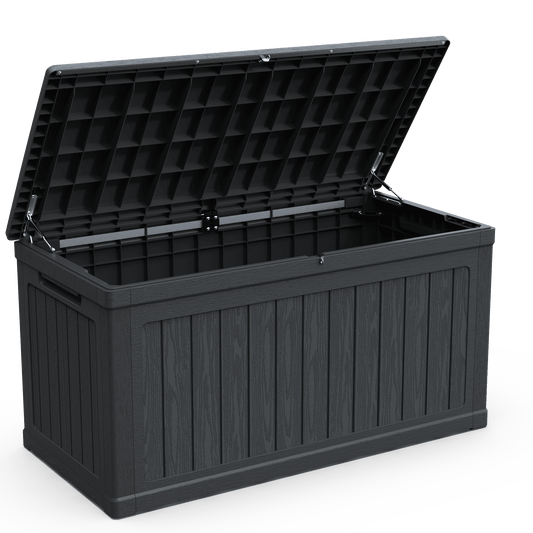 Anthony & Home 230-gallon weatherproof deck box for outdoor storage, showing a sturdy, durable storage solution for patio use.