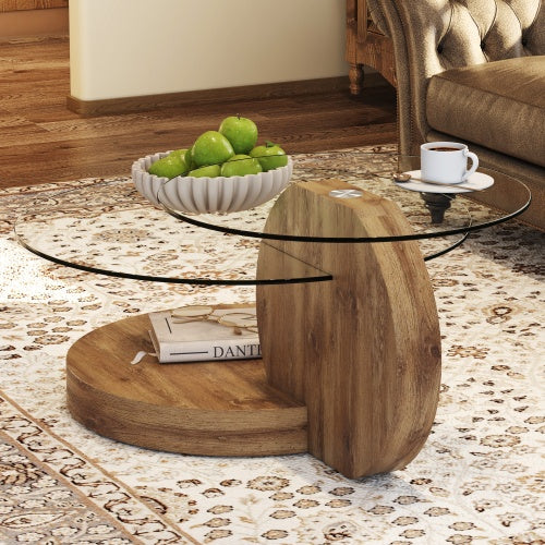 Modern Double Layer Round Table With Glass Top Wood Legs