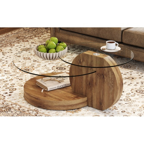 Modern Double Layer Round Table With Glass Top Wood Legs