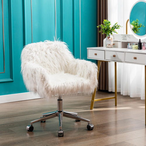 Modern Faux Fur Home Office Chair White Plush Makeup