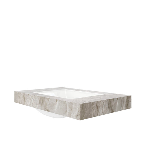 Muri light gray sintered stone countertop with ceramic basin by Anthony & Home, showcasing a sleek modern bathroom design.