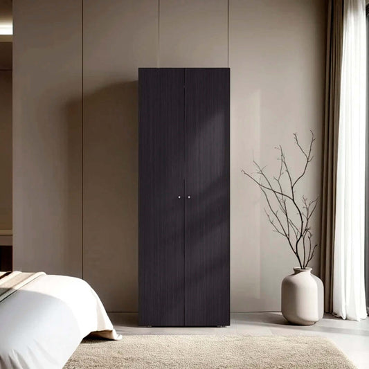 Wenge finish wardrobe cabinet from Anthony & Home's Atelier Collection, showcasing sleek wood grain and modern storage design.