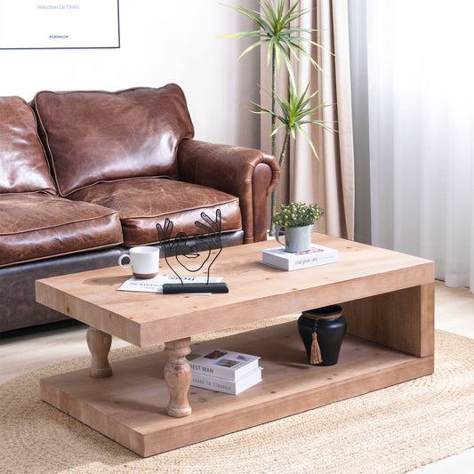 Solid wood coffee table from Anthony & Home with light natural finish and open shelf, modern farmhouse style.