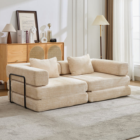 Chenille convertible floor sofa bed by Anthony & Home, limited edition, showing plush chenille fabric and versatile fold-out design.
