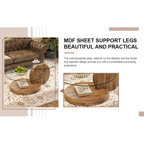 Modern Double Layer Round Table With Glass Top Wood Legs