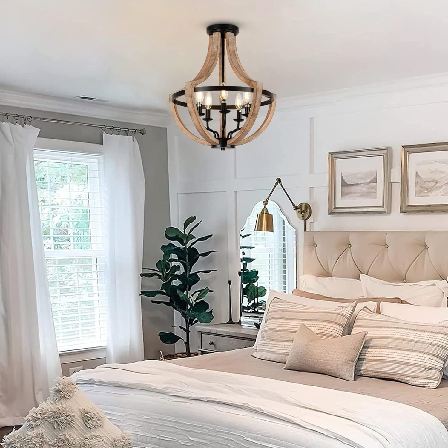 Solid Wood Farmhouse Chandelier Adjustable Dining Room Brown