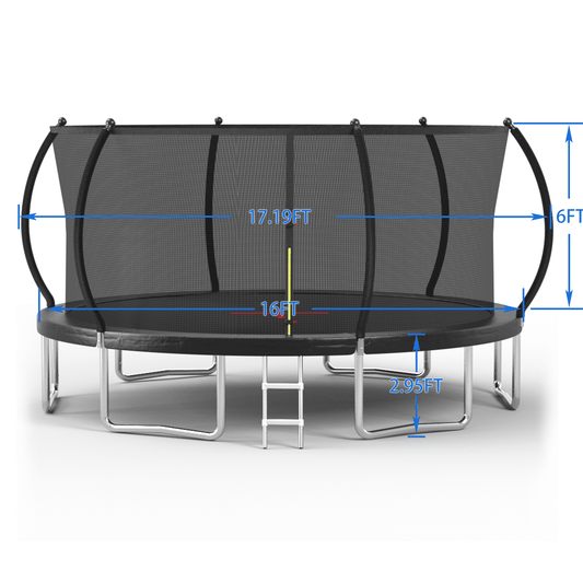 Black 16ft Pumpkin-themed trampoline with sturdy steel frame by Anthony & Home, perfect for outdoor fun and exercise.