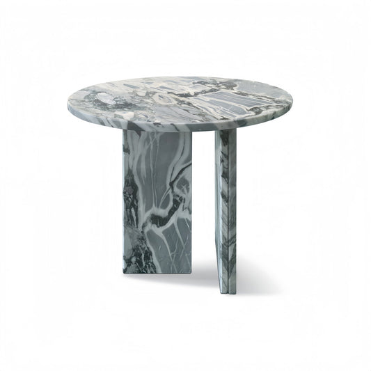 Blue grey marble round coffee table by Anthony & Home with a sleek, polished surface and modern design.