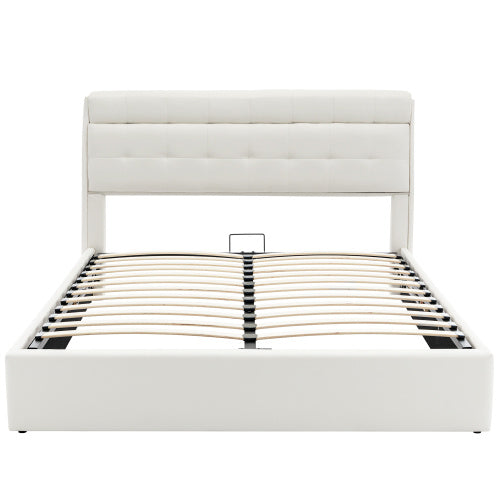 Upholstered Bed 150x200 King Hydraulic Storage Cream White