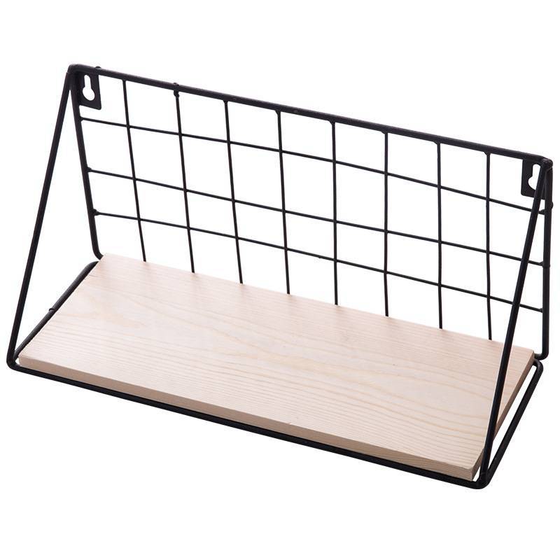 Nordic Wrought Iron Wall Rack With Solid Wood Shelf Black