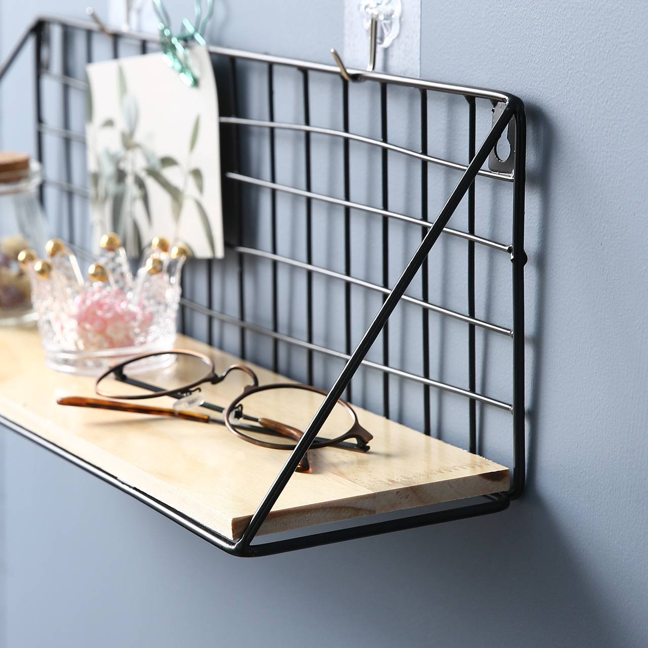 Nordic Wrought Iron Wall Rack With Solid Wood Shelf Black