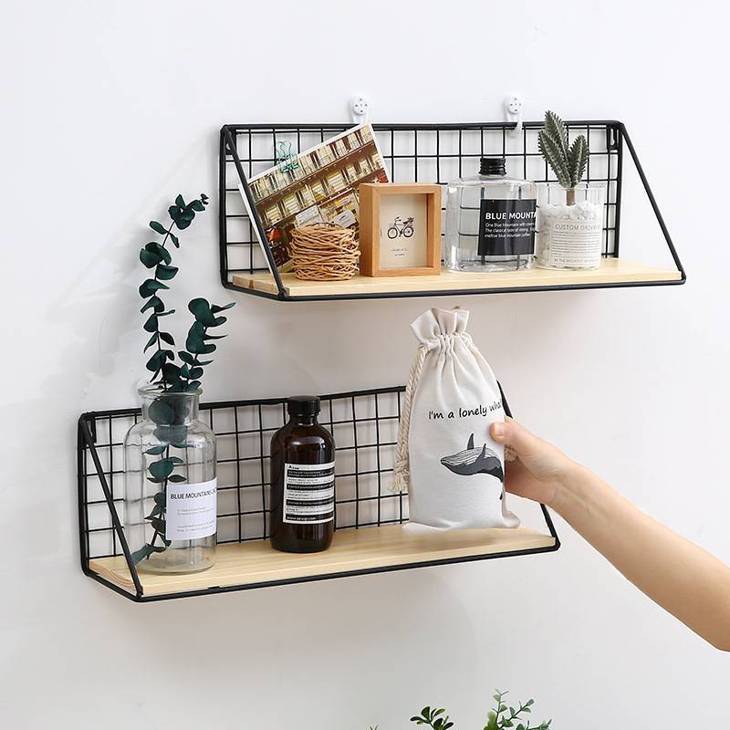 Nordic Wrought Iron Wall Rack With Solid Wood Shelf Black