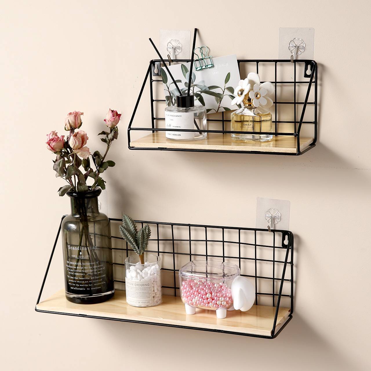 Nordic Wrought Iron Wall Rack With Solid Wood Shelf Black