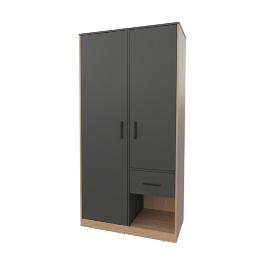 Elite Collection Lugoff wardrobe by Anthony & Home with two doors, one drawer, in oak grey melamine finish, soft-close doors.