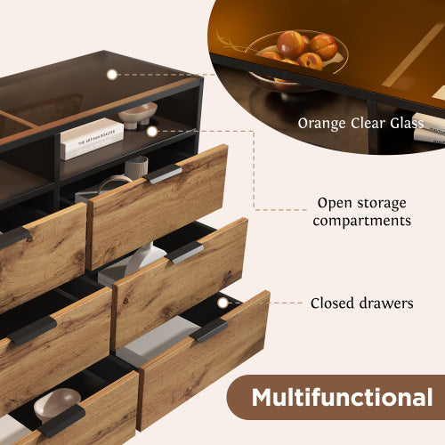 Oak Glass Sideboard Dresser With 6 Drawers And 2 Shelves