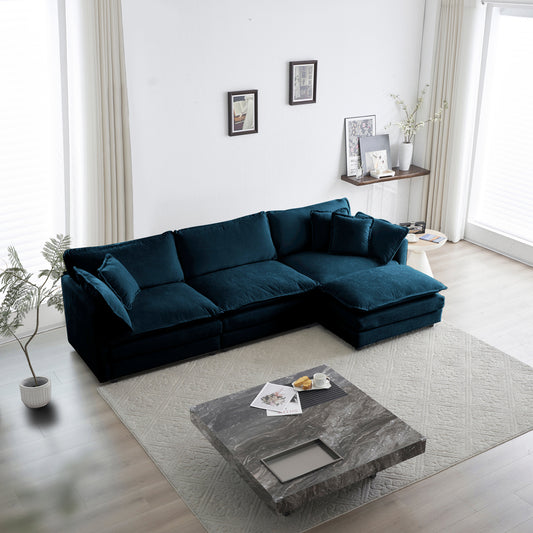 Blue Chenille modular L-shaped sofa with reversible ottoman by Anthony & Home, featuring plush upholstery and contemporary design.