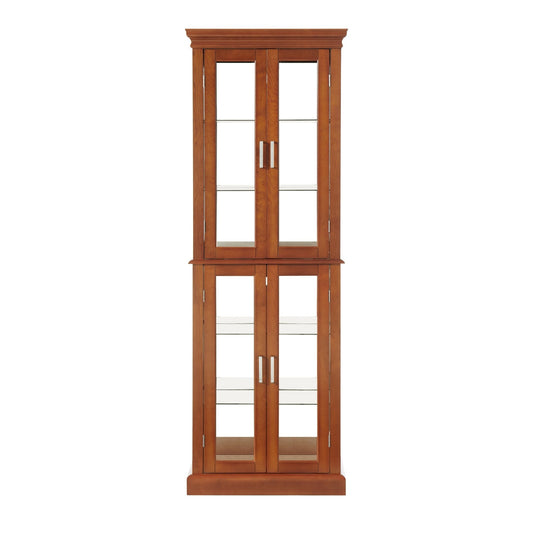 Walnut finish lighted curio cabinet with mirrored back showcasing glass shelves and display space, by Anthony & Home.