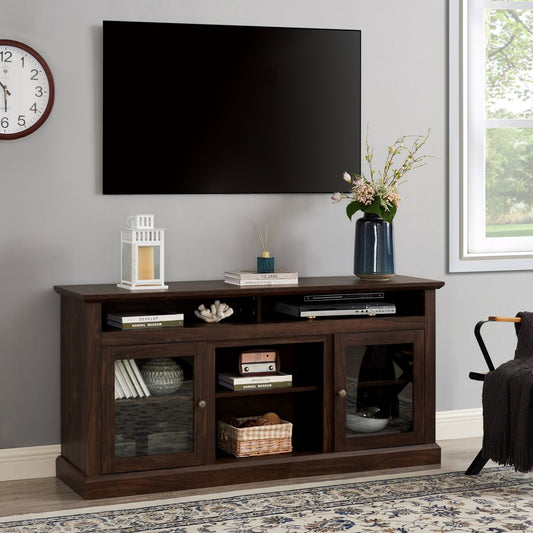 Contemporary walnut textured MDF television media stand with open and closed storage from Anthony & Home collection.