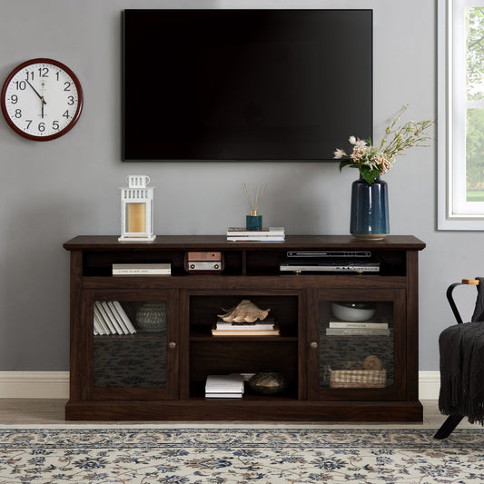 Contemporary walnut-textured MDF television media stand with open and closed storage from Anthony & Home collection.