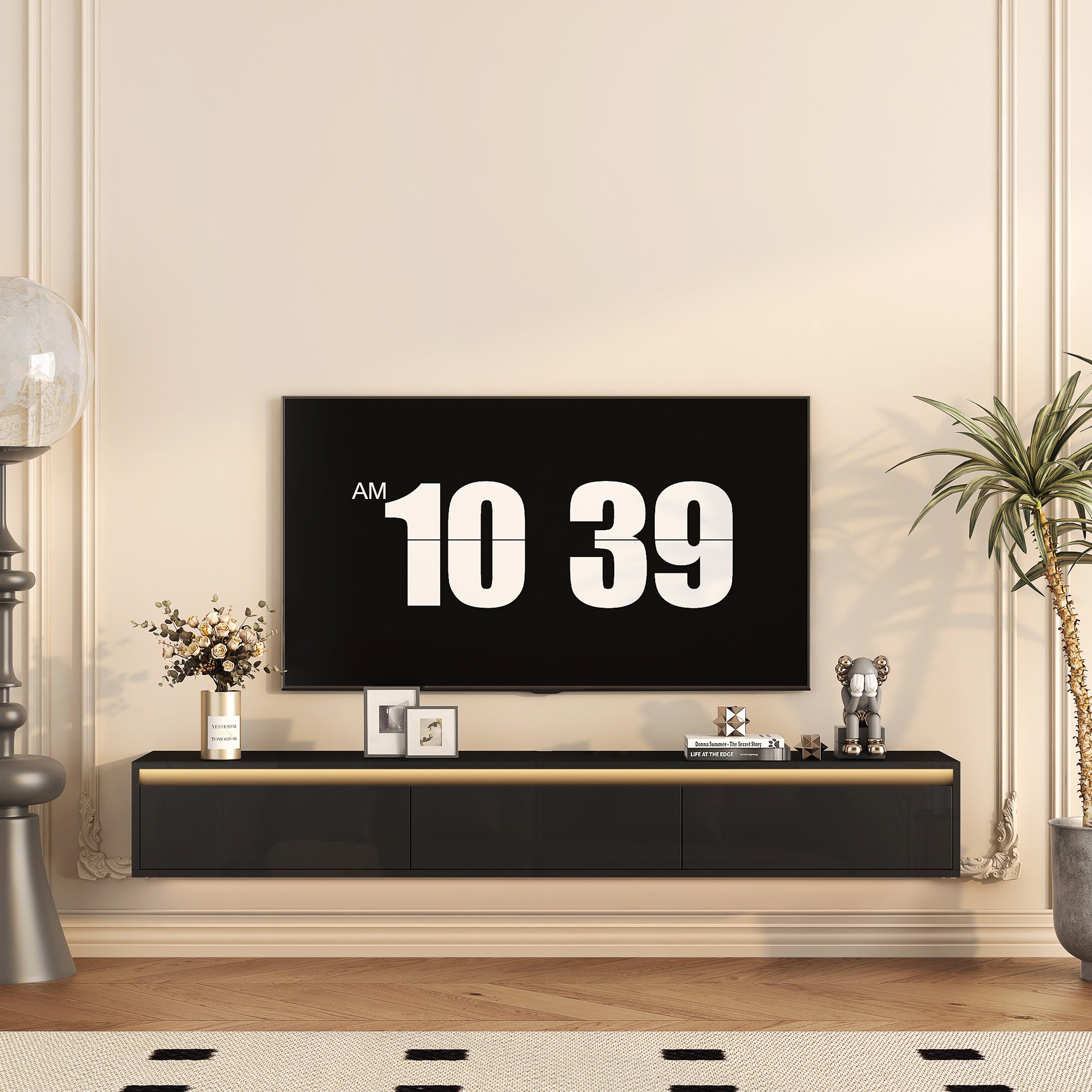 Floating Wall Mounted TV Stand With LED Lights Black