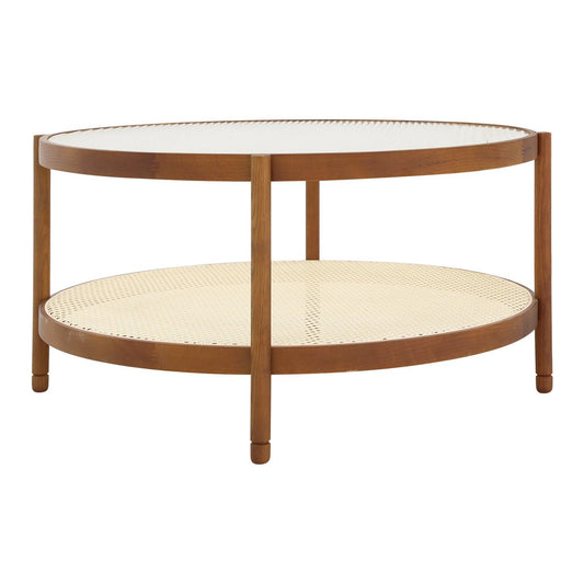 Nesting round wood coffee tables with tempered glass tops from Anthony & Home's collection, sleek modern design.