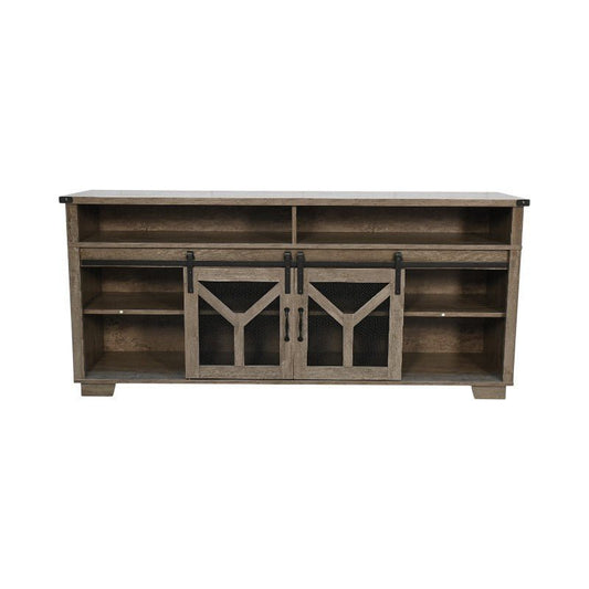 Iron mesh barn door TV stand by Anthony & Home, Signature Edition, featuring rustic iron mesh doors and wooden shelves.