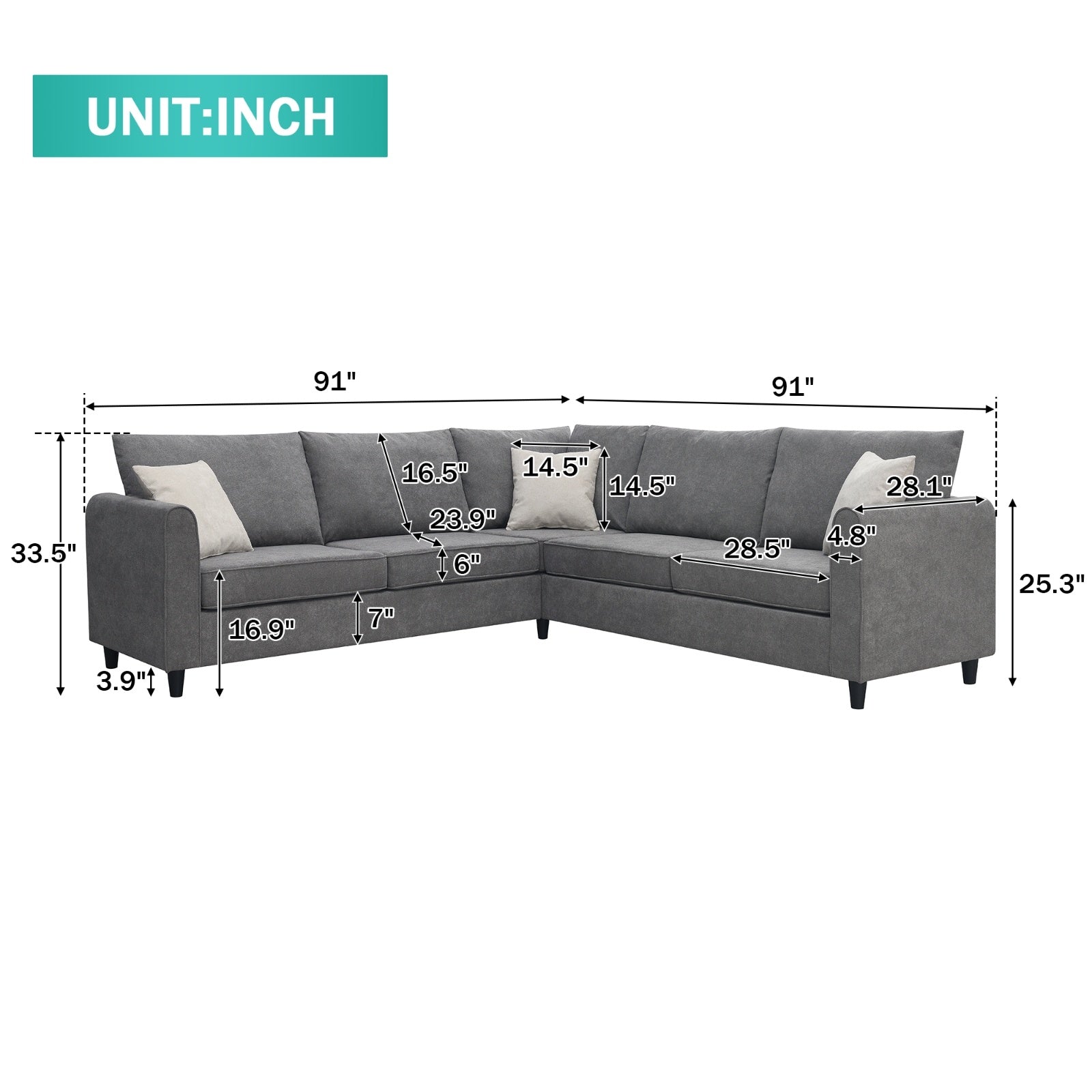 Grey 91 By 91 Modern L Shape Upholstered Sectional Sofa
