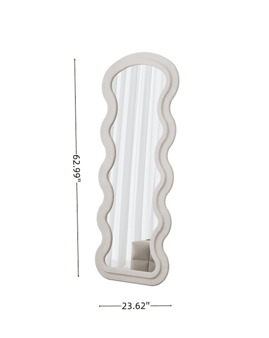 Flannel Wave full-length floor mirror in white metal and wood frame, designed for wall or floor use by Anthony & Home.