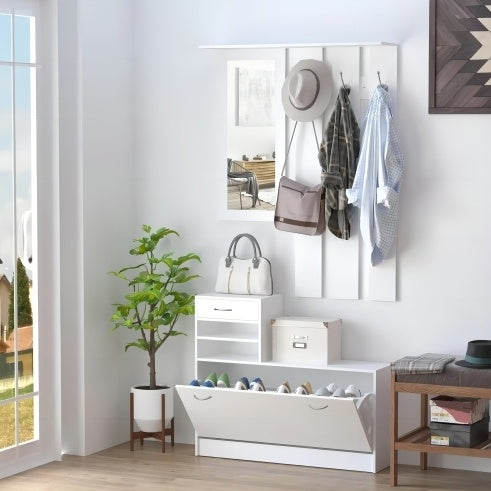 Matte White Gate Cabinet With Shoe Hang Shelf Mirror